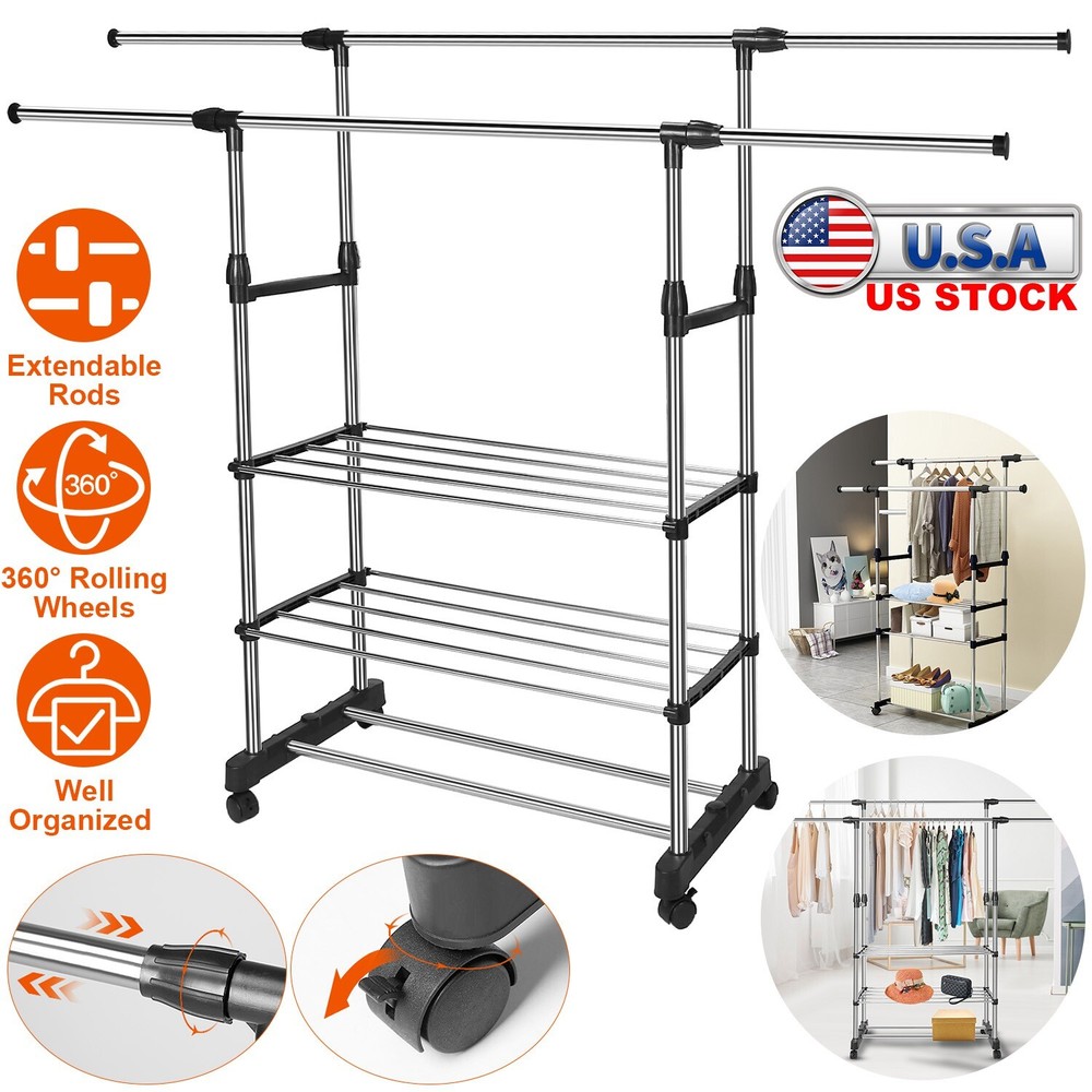 Single/Double Adjustable Clothes Hanger Rolling Garment Rack Duty Rail Organizer