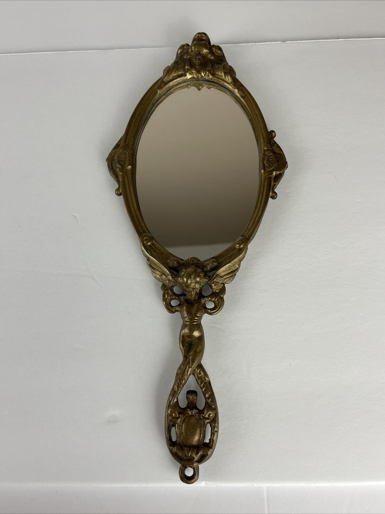Antique Victorian Solid Brass Handheld Mirror With Cherubs