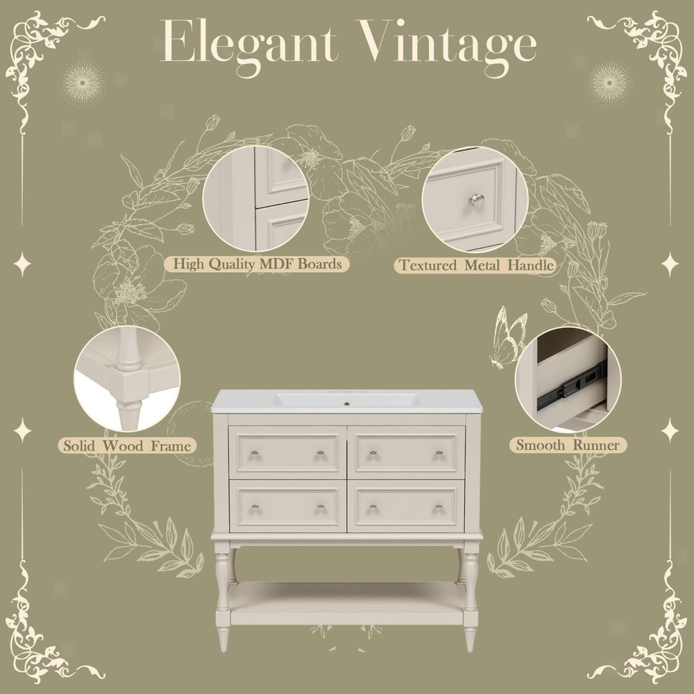 36'' Beige Bathroom Vanity Cabinet Set with Ceramic Sink, Solid Wood Frame,