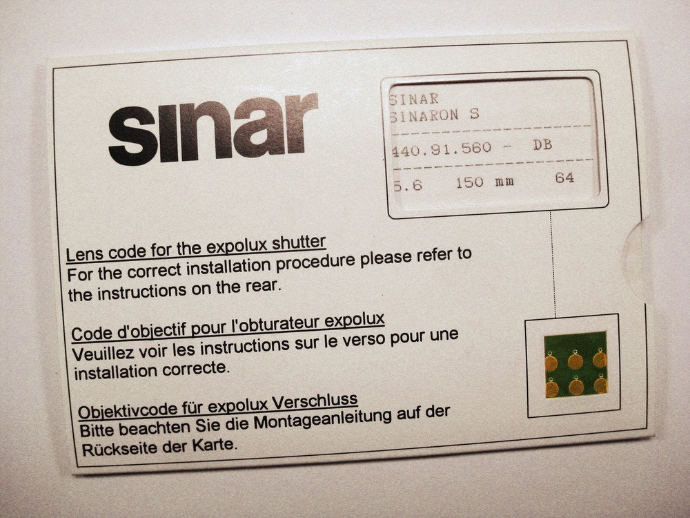 Sinar Expolux Shutter Lens Codes NEW