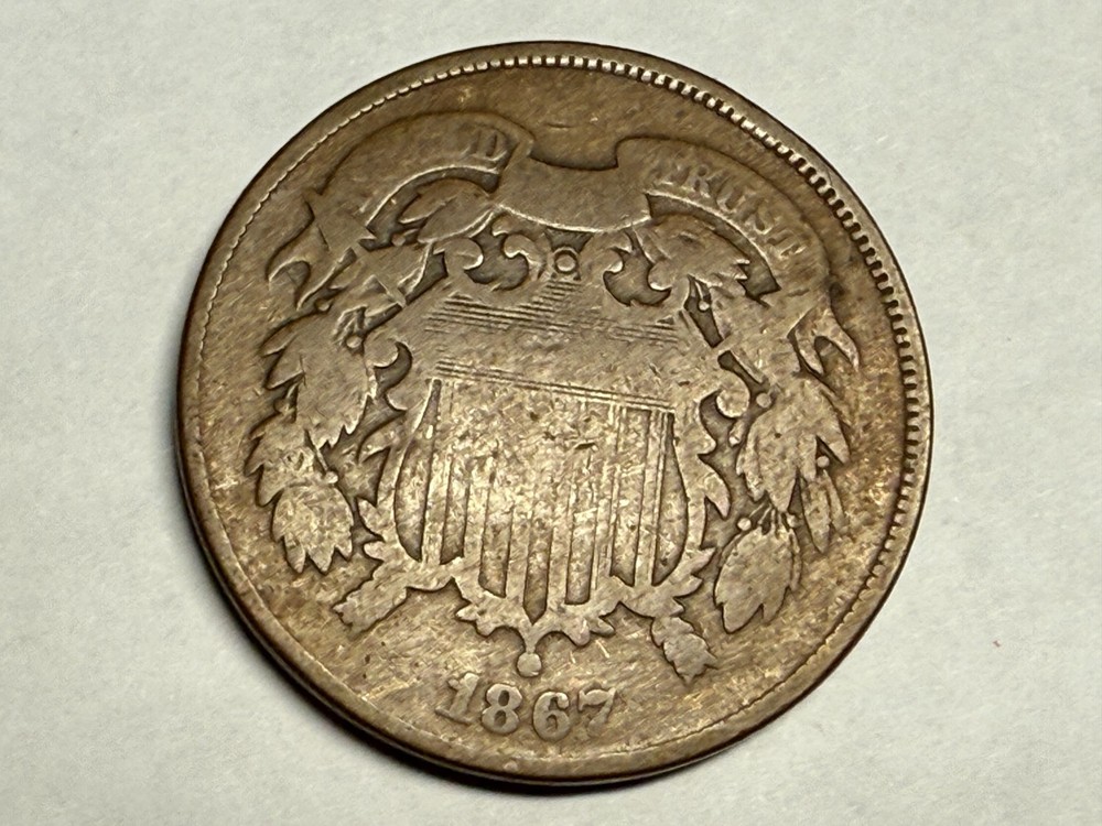 1867 copper U.S. TWO CENT PIECE. 2c. Good. #q1