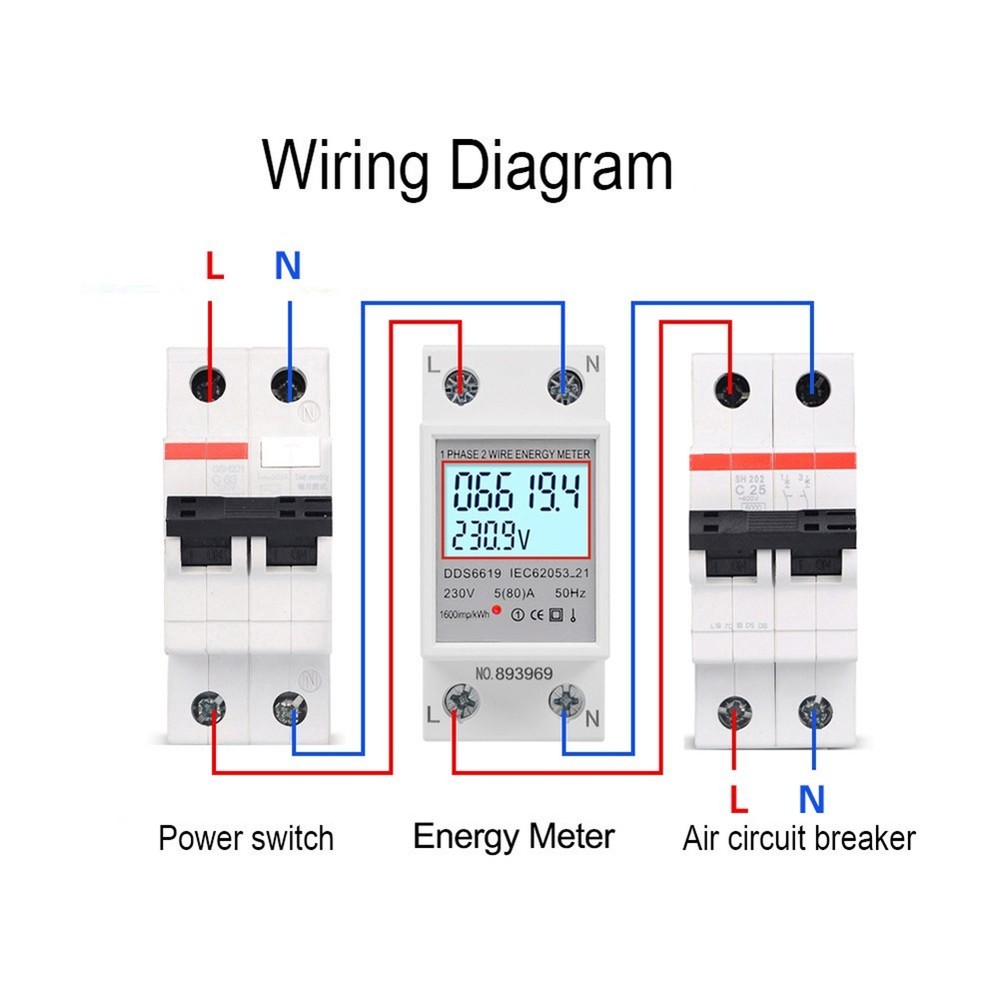 LCD Energy Meter for Din Rail Systems with Voltage Current Measurement 80A