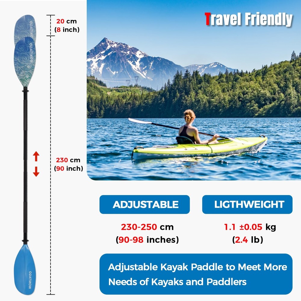 WONITAGO Kayak Paddle, Adjustable 230-250cm, Alloy Shaft, PP Blade, Floating