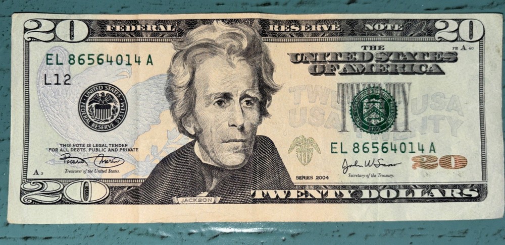 Error Miscut Misaligned US $20 Twenty Dollar Bill Banknote 2004