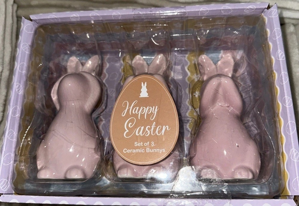 3 Pink Ceramic Easter Hear Speak See No Evil Trio Bunnies