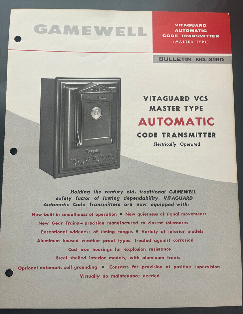 1959 GAMEWELL FIRE ALARM COMPANY AUTOMATIC CODE TRANSMITTER BULLETIN NO. 3190
