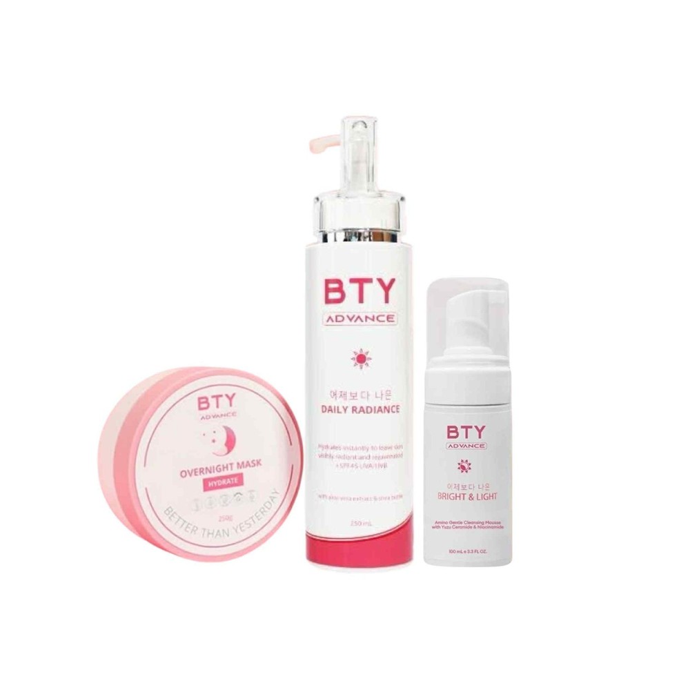 BTY Advance 3-Step Skincare Bundle Cleanse Hydrate Protect Mousse SPF Mask