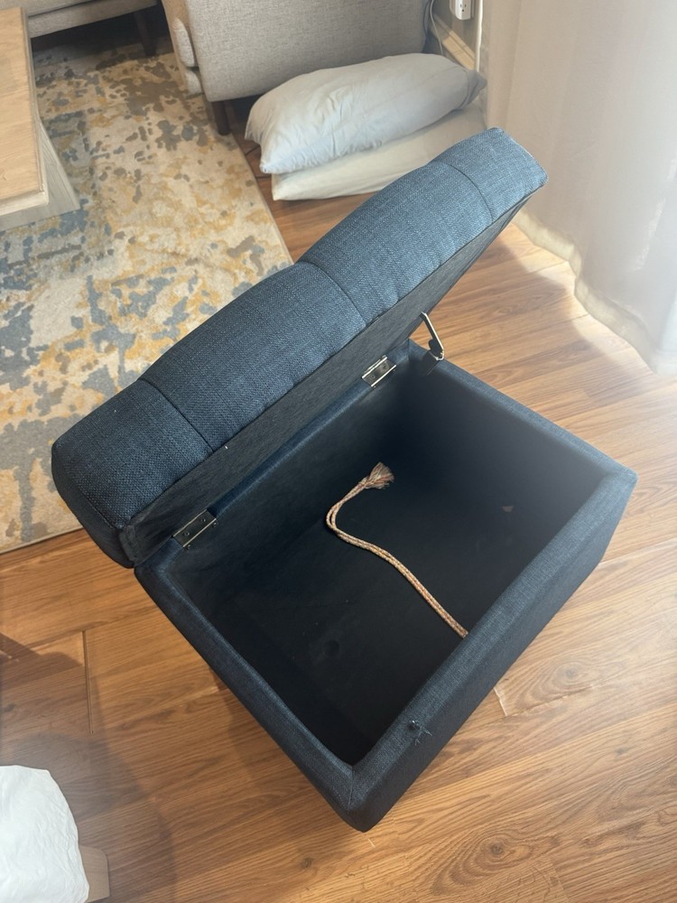 Dark Blue Tufted Rectangular Fabric Storage Ottoman with Nailhead Trim