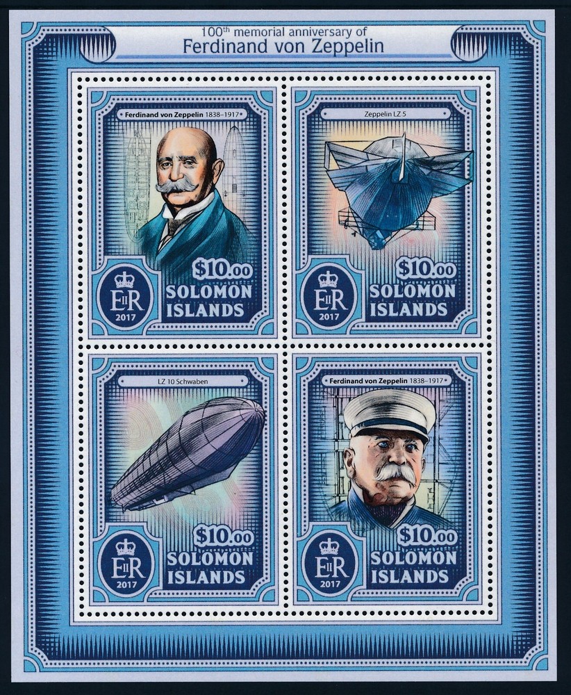 2017 SOLOMON ISLANDS FERDINAND VON ZEPPELIN MINI SHEET (4 STAMP) FINE MINT MNH