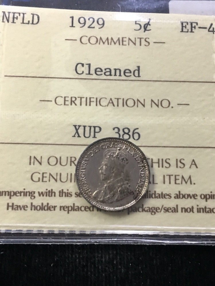 1929 ICCS Graded, Newfoundland ¢5 Cent, **EF-45 Cleaned**