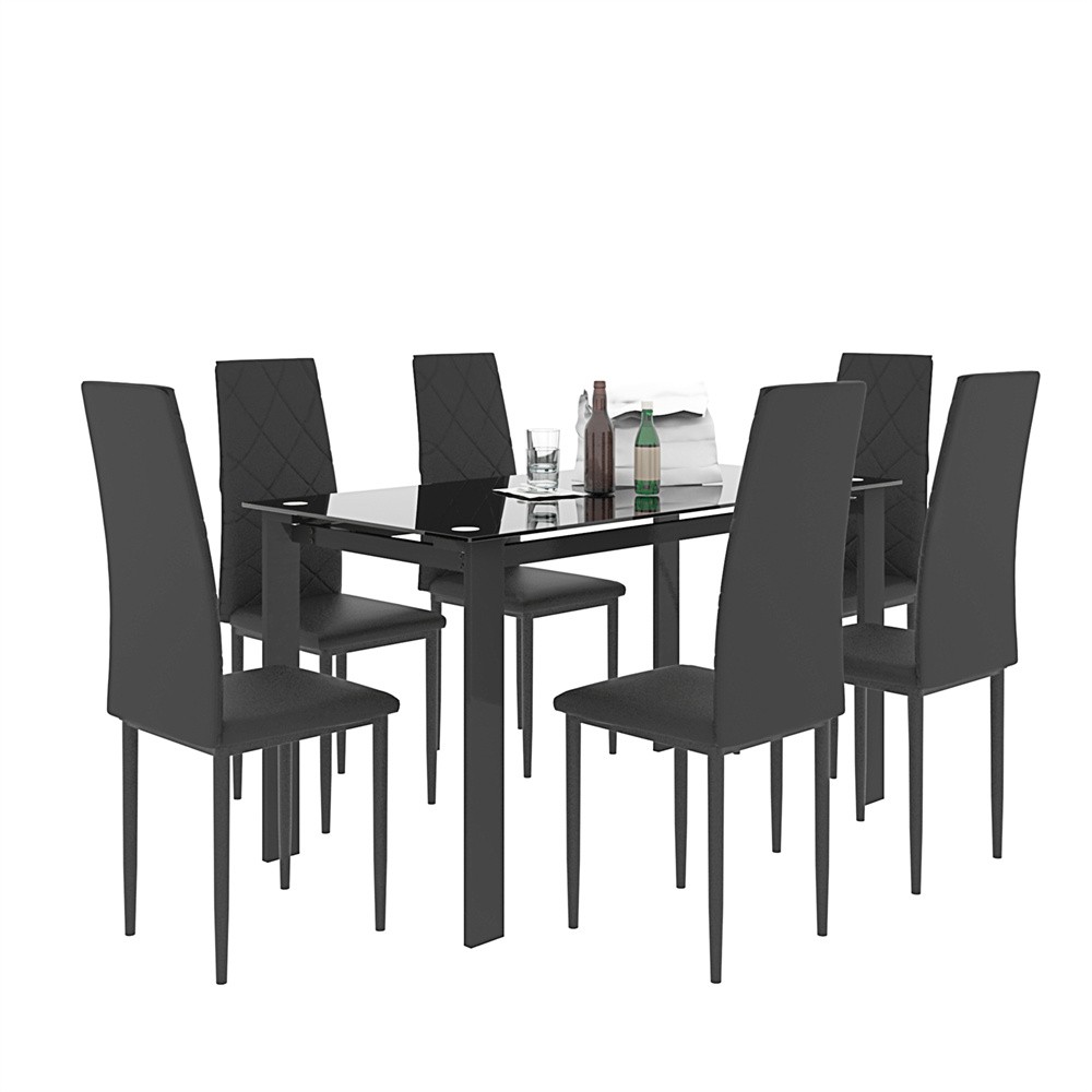 7 Piece kitchen Table set，Modern Black Dining Table Rectangular Tables