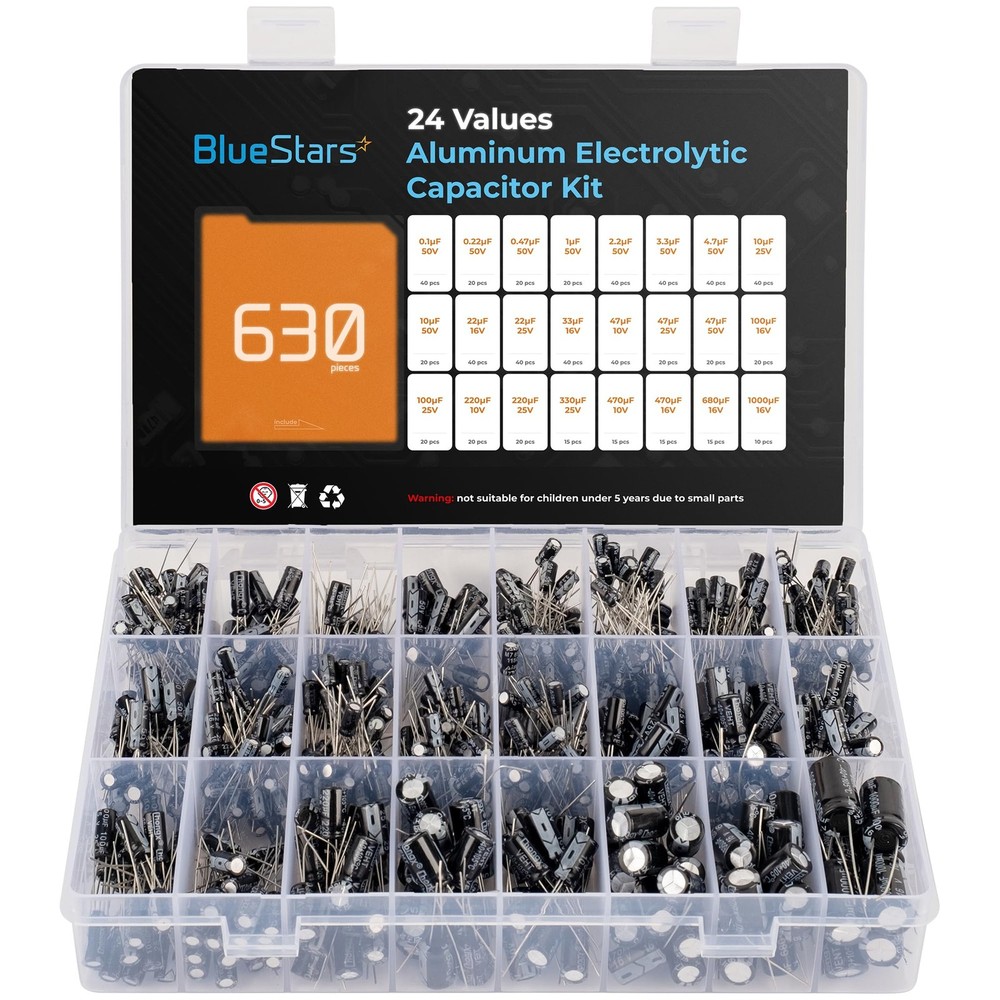 24-Value Aluminum Electrolytic Capacitor - 630 pcs - Assortment Box Kit Range...
