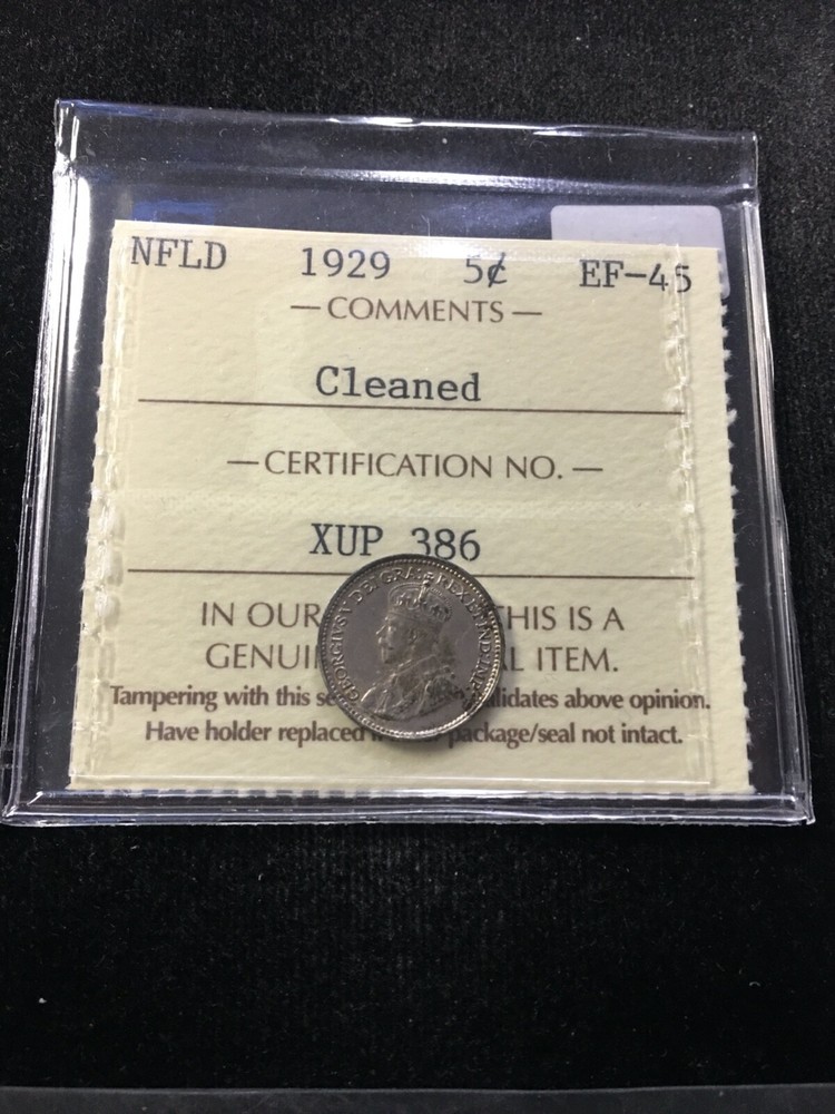1929  ICCS Graded, Newfoundland ¢5 Cent, **EF-45 Cleaned**