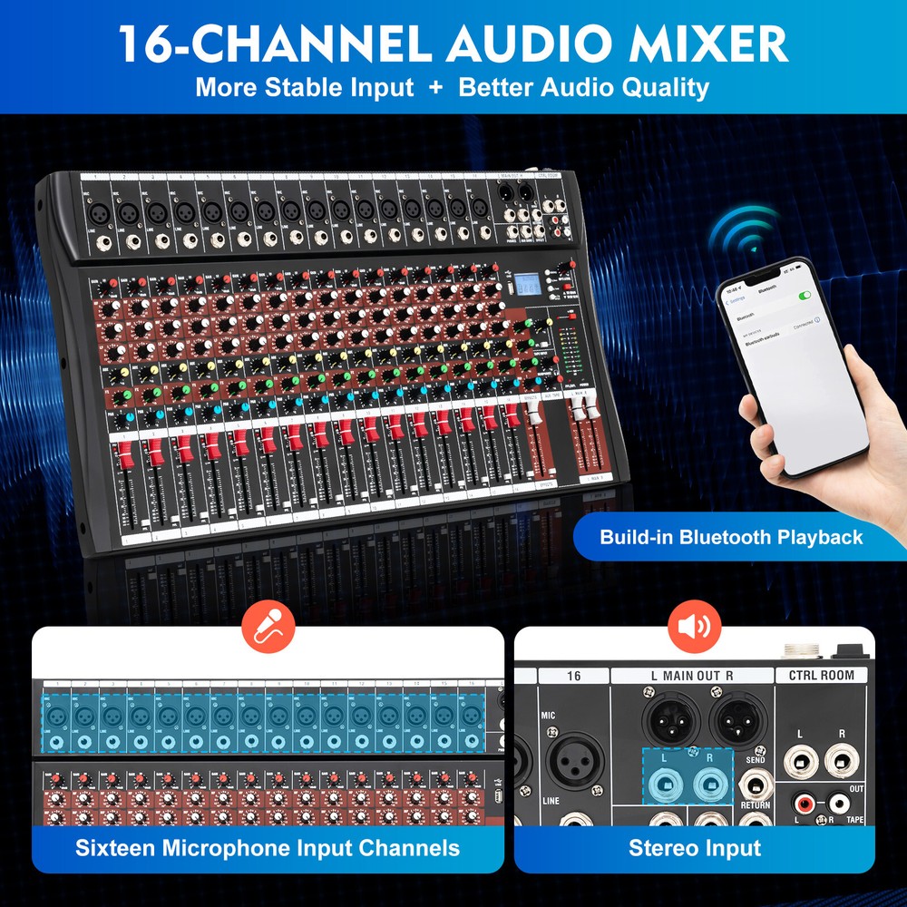 16 Channel Studio Audio Mixer Bluetooth USB Digital Sound Mixing Console Board