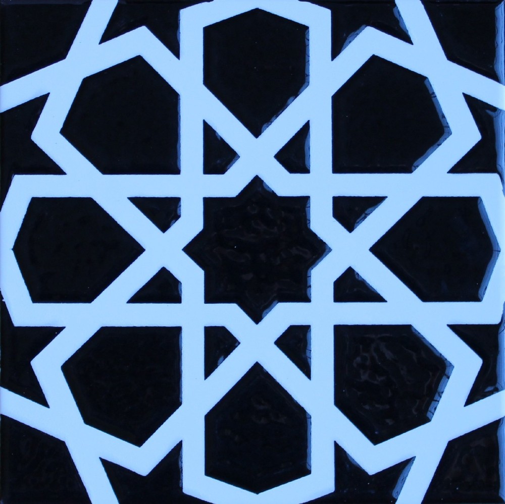 Turkish Iznik Raised Black & White Geometric Pattern 8"x8" Ceramic Tile
