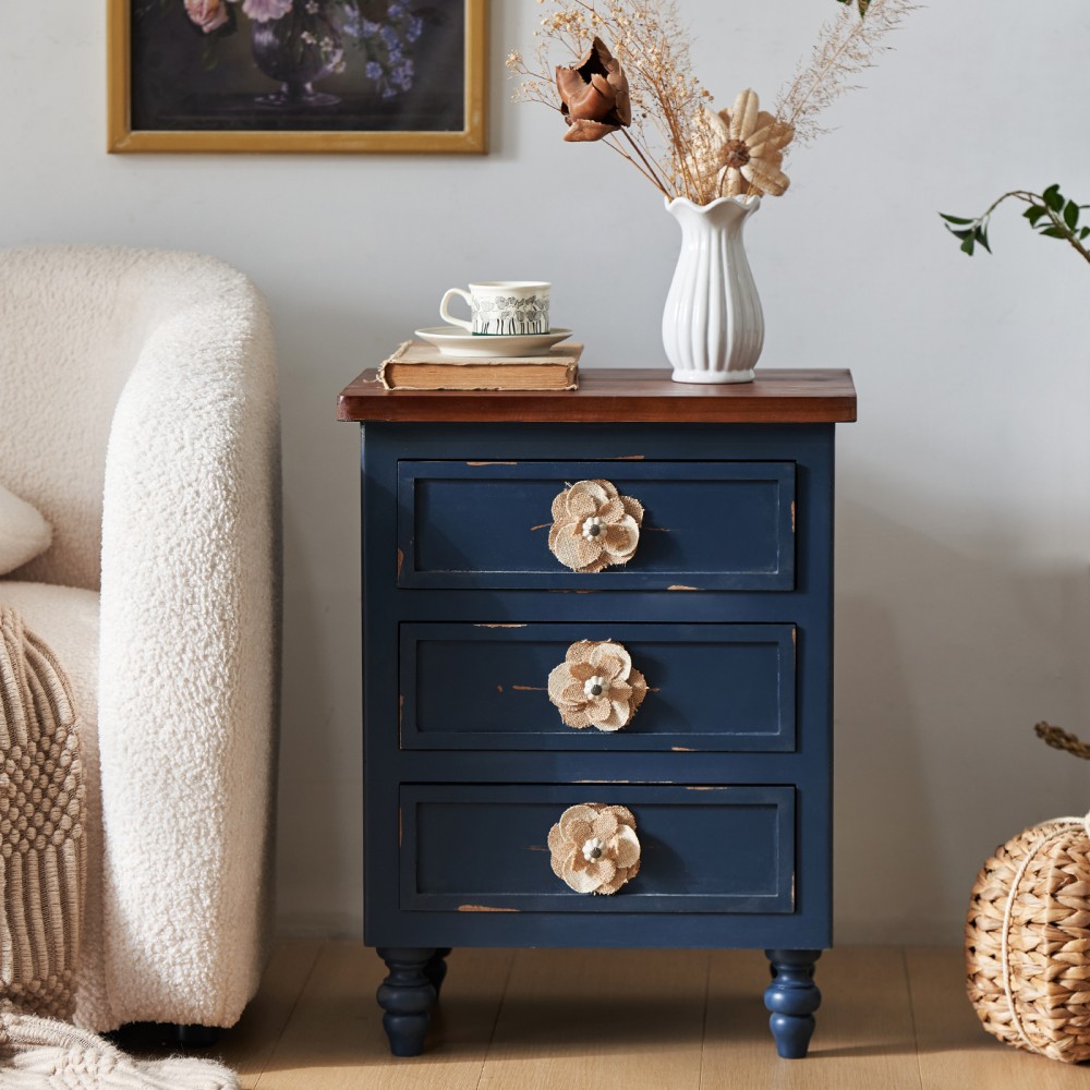 Side Table with Floral Knobs Three-Drawer Design Featuring Gourd-Shaped Legs