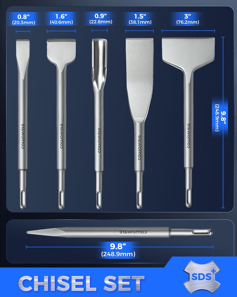 COMOWARE Chisel Set with SDS Plus Shanks, 6Pcs SDS Plus Chisels include Tile ...
