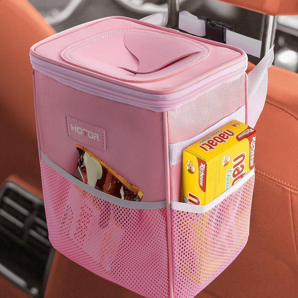 Car Trash Can with Lid and Storage Pockets - 100% Leak-Proof , Waterproof