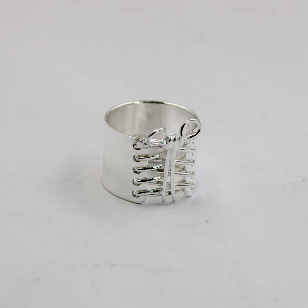 Solid 925 Sterling Silver Wire Wrap Ribcage Bow Ring Wide Band Handmade For Her
