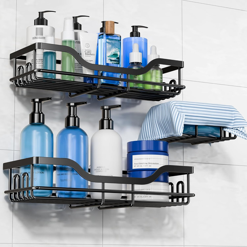 3-Pack Shower Caddy with Soap Holder, Adhesive Rustproof No-Drill Strudy Loading