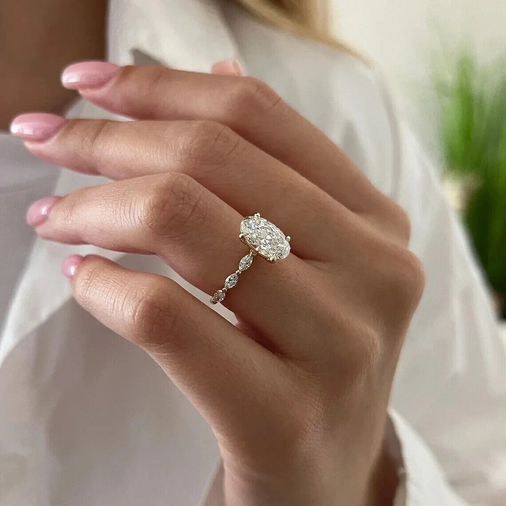 Solid In 14k Yellow Gold Oval Cut Lab Grown Diamond EF/VVS Ring Size 5.5