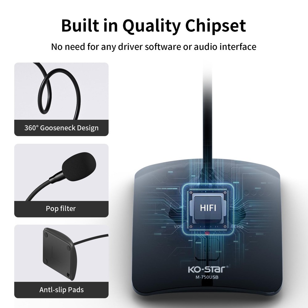 Recording Microphone, Omnidirectional Condenser, Black - Mute Button & LED