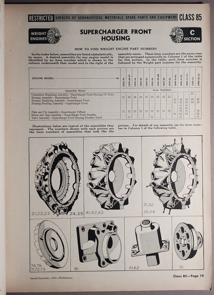 1944 Wright Aircraft Engine Class 85 Parts Book Catalog US Navy B2-76