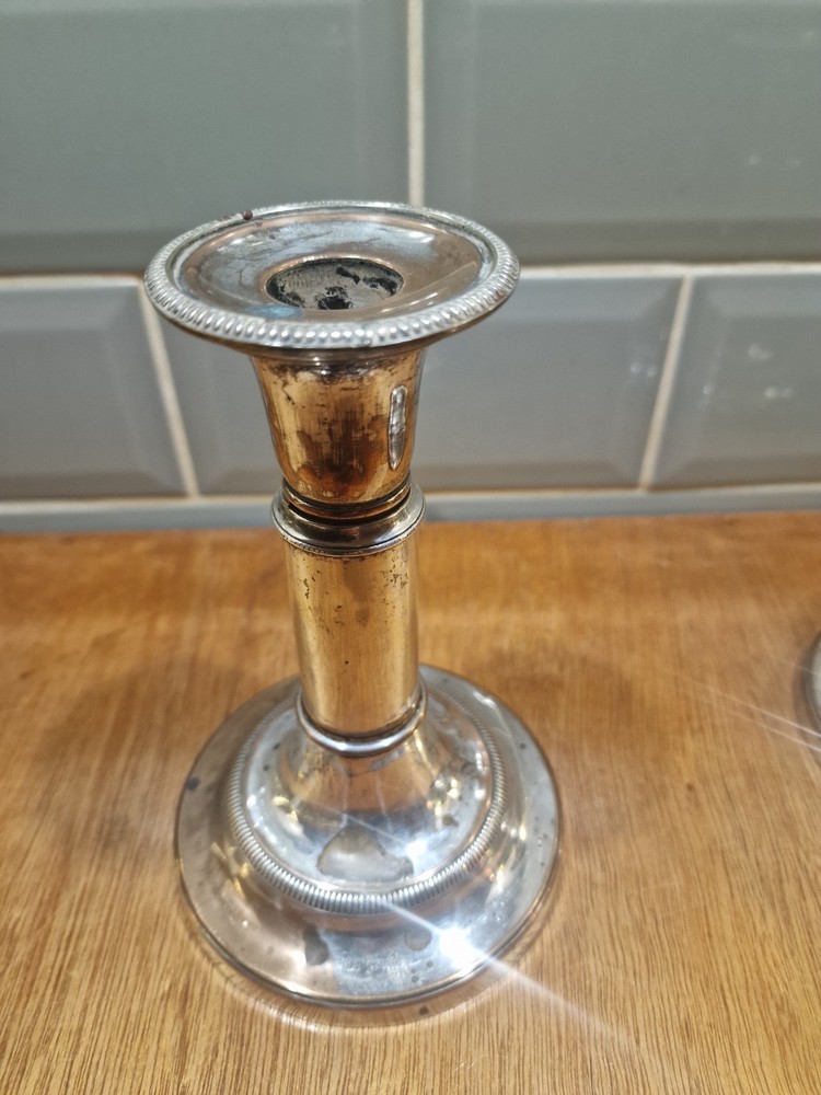 Pair Antique Silver Plated Neoclassical Candlesticks
