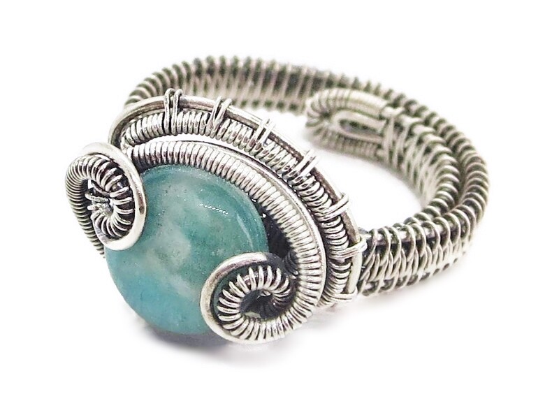 Adjustable Amazonite Wire-Wrapped Ring in Sterling Silver