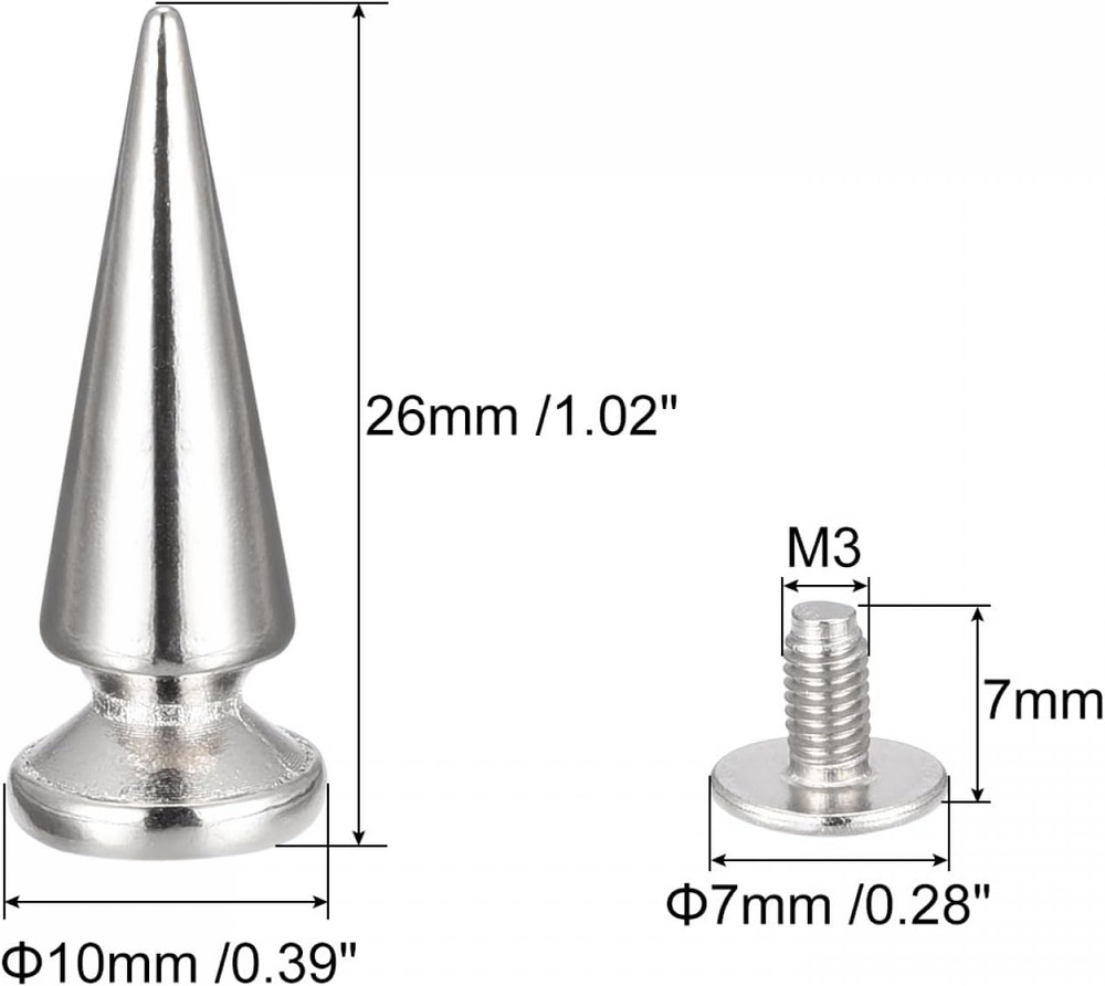 10x26mm Screw Back Rivets, 30 Sets Solid Leather Studs Spike for DIY Silver Tone