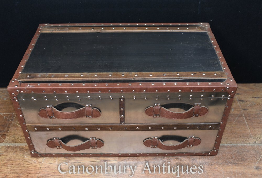 Aviator Luggage Trunk - Metal Steamer Box Case Side Table