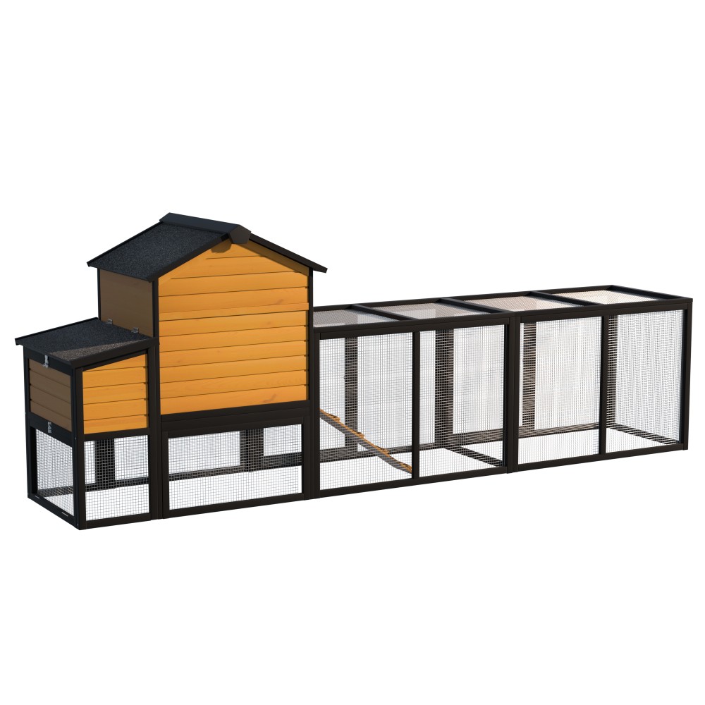 Chicken Coop w/ Run for 2-4 Chickens, 7 Doors, Pull-Out Tray, Nesting Box & Ramp