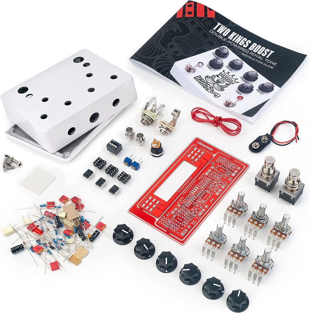 StewMac Two Kings Boost Pedal Kit With White Enclosure, 9 Volt Battery, and...