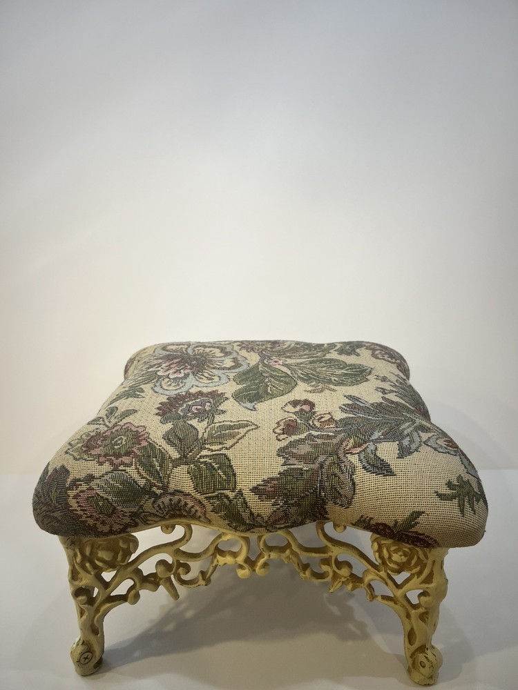 Vtg Solid Ornate Cast Iron Elegant Foot Stool Floral Padded