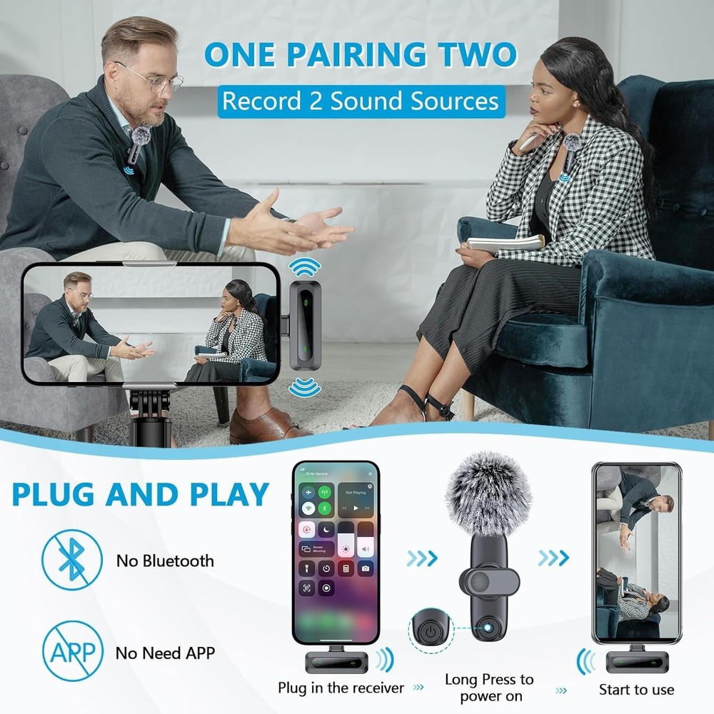 Wireless Microphone Mini Mic for iPhone/Android Phone, LED Display Lavalier Micr