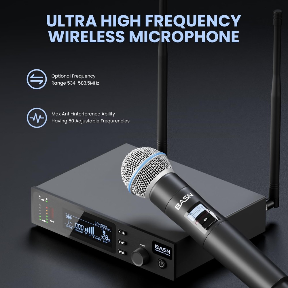 BASN UHF Dual Channel Wireless Microphone System,Handheld Mics for Stage,Karaoke