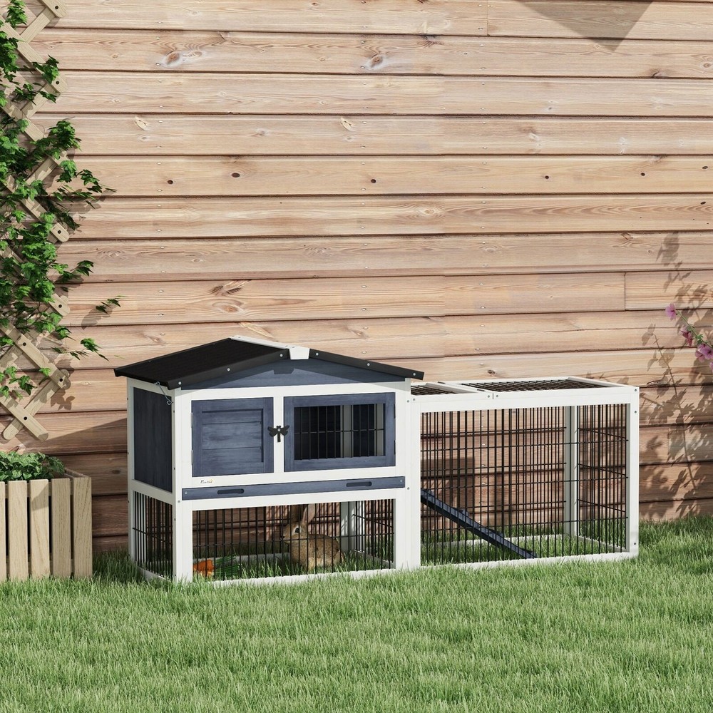 2 Level 59" Outdoor Rabbit Hutch with Openable Top Dark Gray