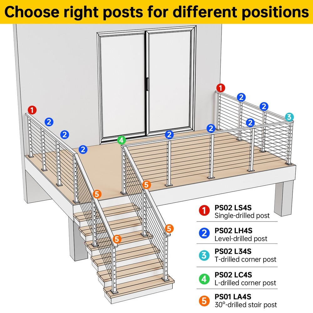Muzata Level drilled Cable Railing Post Fixed top Level Line Post Top PS02
