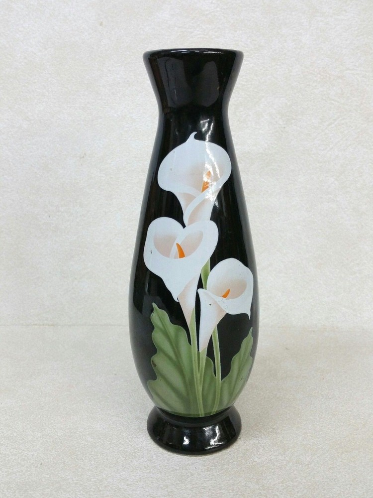 Vintage Black Porcelain Floral Vase