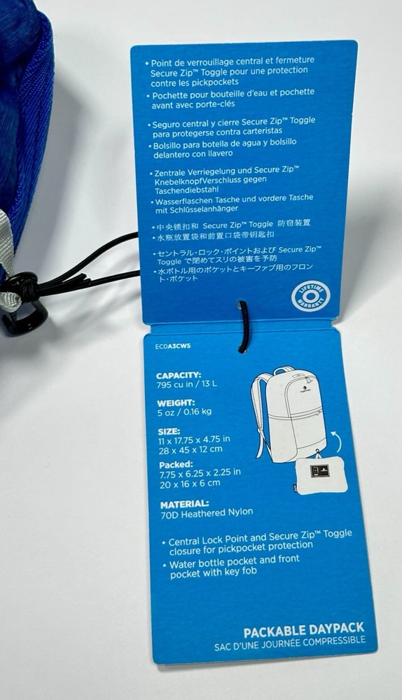 Eagle Creek Packable Daypack Pacific Blue Ultralight Foldable Travel Backpack