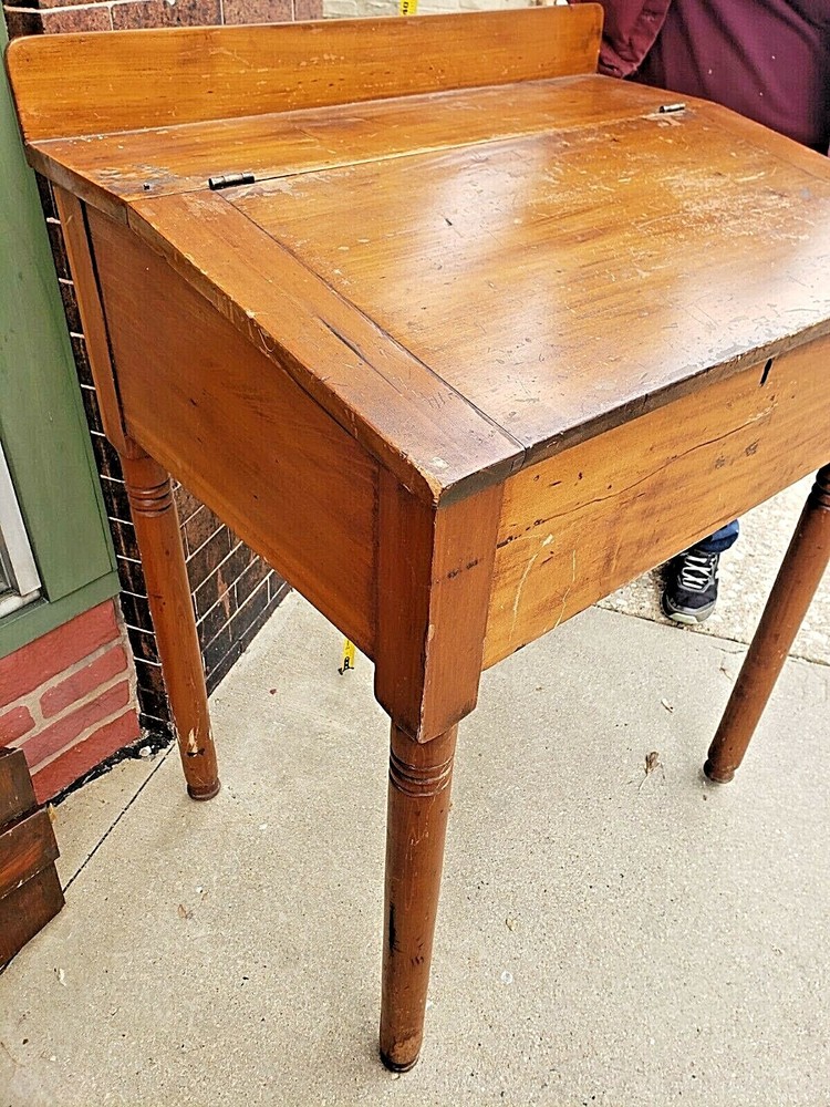 Antique Primitive railroad map maker store slat top pine desk with compartment