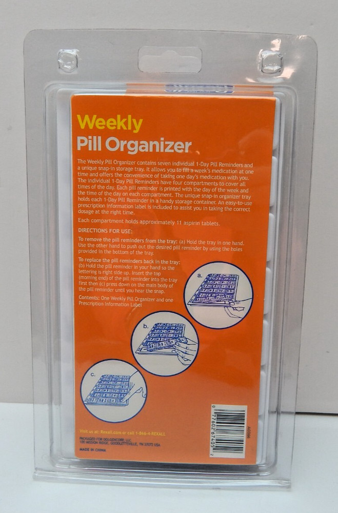 Rexall Weekly Pill Organizer 7 Days Removeable 4 Compartments per Day (W285