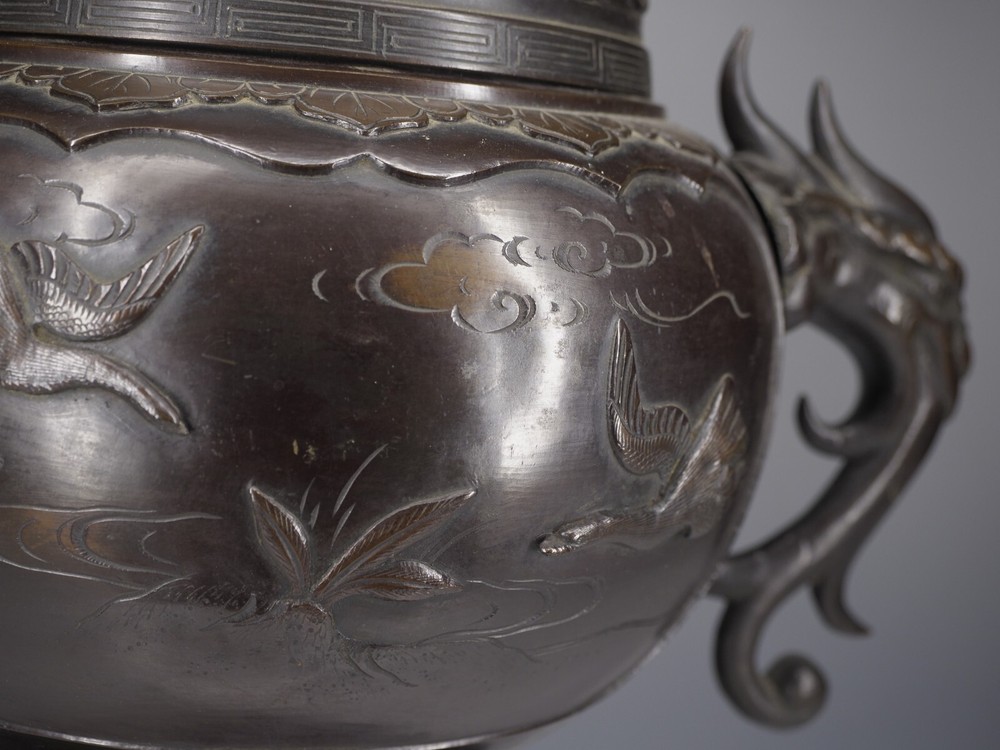 Large Antique Bronze Chinese incense burner censor, 21" tall signed