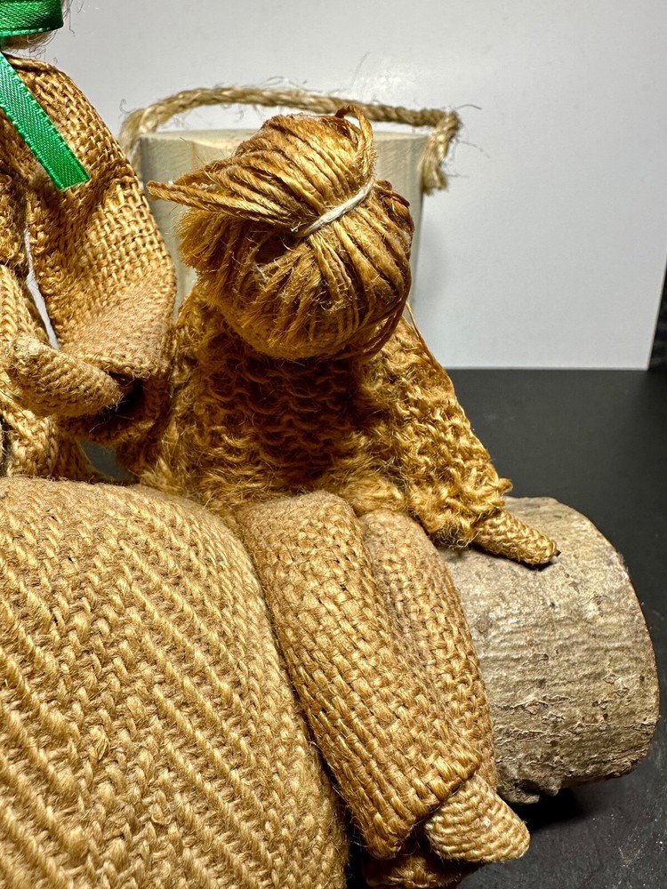 Vintage Burlap Figures Sitting On Real Log