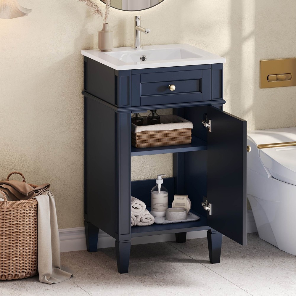 FUNIDEE 18" Single Bathroom Vanity Storage Cabinet with Ceramic Sink Combo Blue