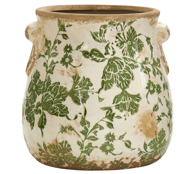 6.5" Tuscan Style Ceramic Planter Green Scroll Pattern Indoor Decor