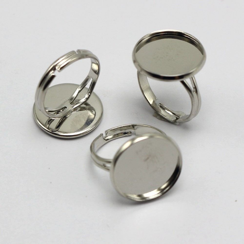 20 Silver Tone Adjustable Ring Round Blank Cabochon Pad Bezel Setting Cup 20mm