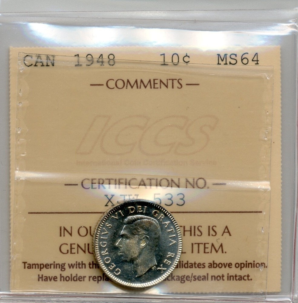 1948 Canada 10 Cents - Choice Uncirculated, ICCS MS 64