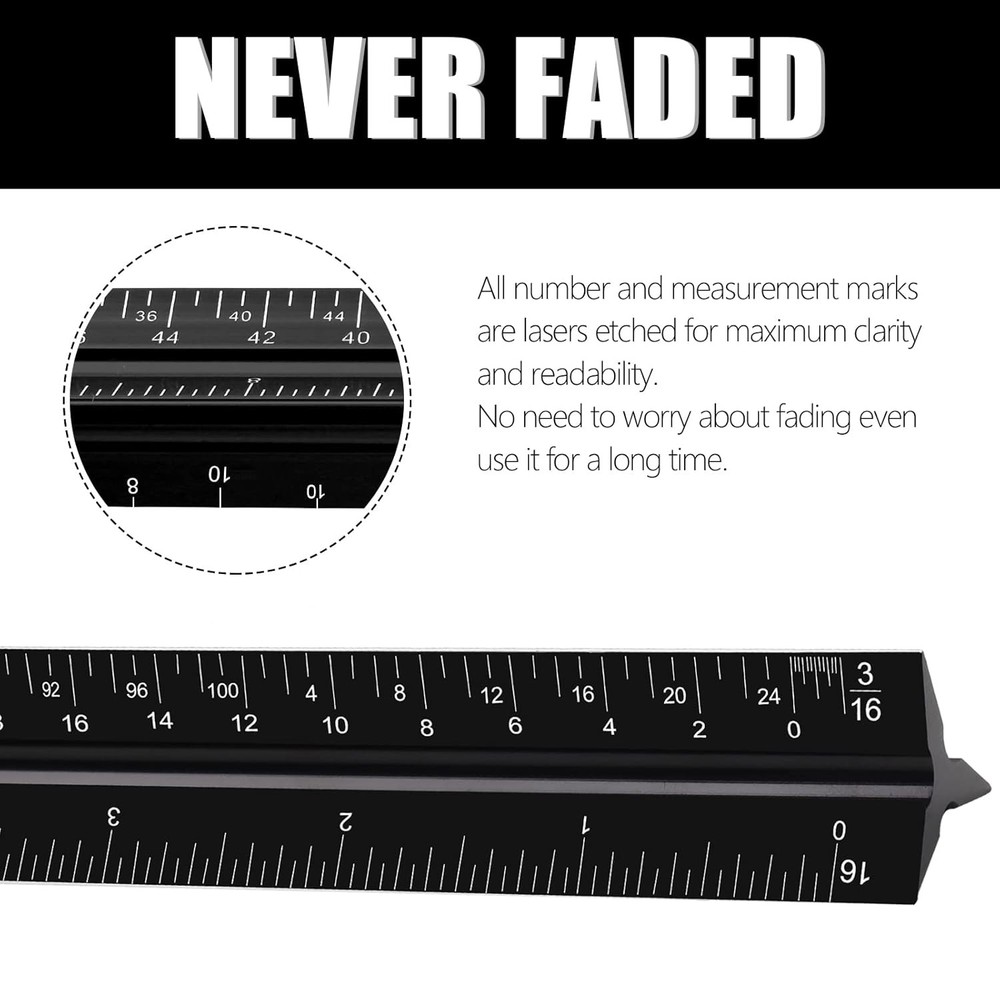 12"Architectural Scale Ruler, Aluminum Scale, Triangular Ruler,Scale Ruler Black