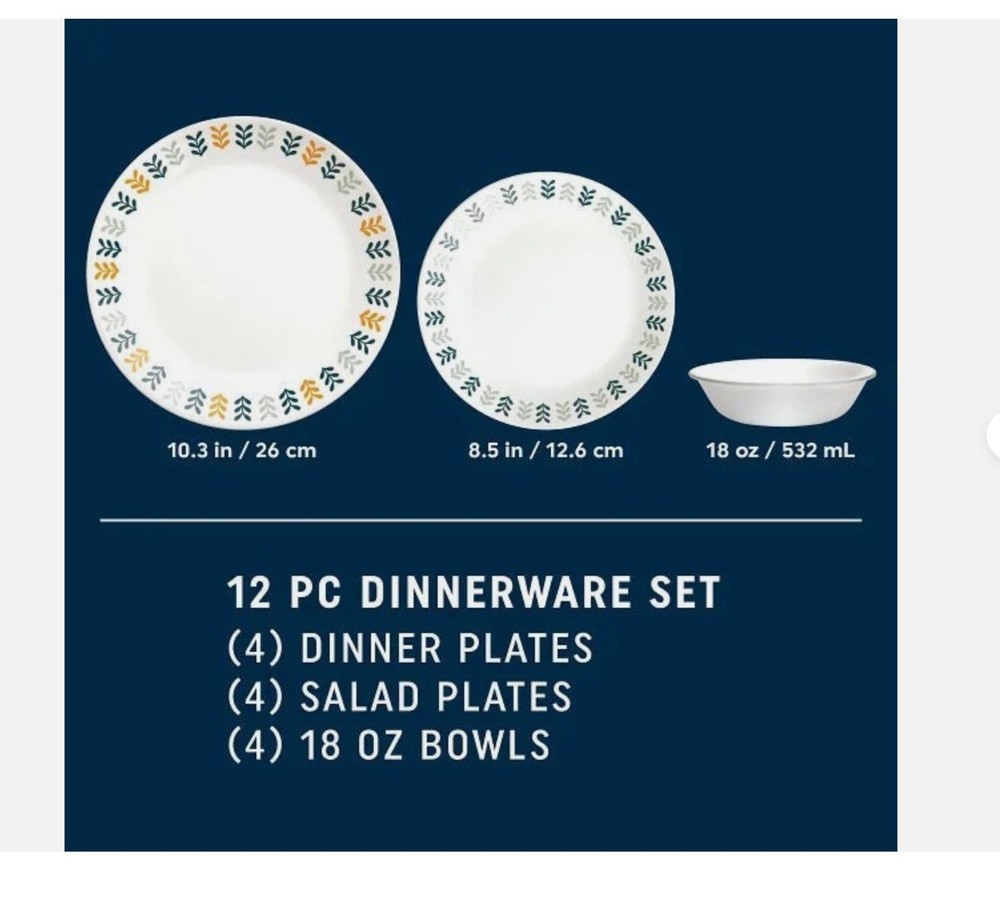 CORELLE LIVINGWARE VITRELLE "Anders" 12 PC. DINNERWARE SET NEW Service for 4